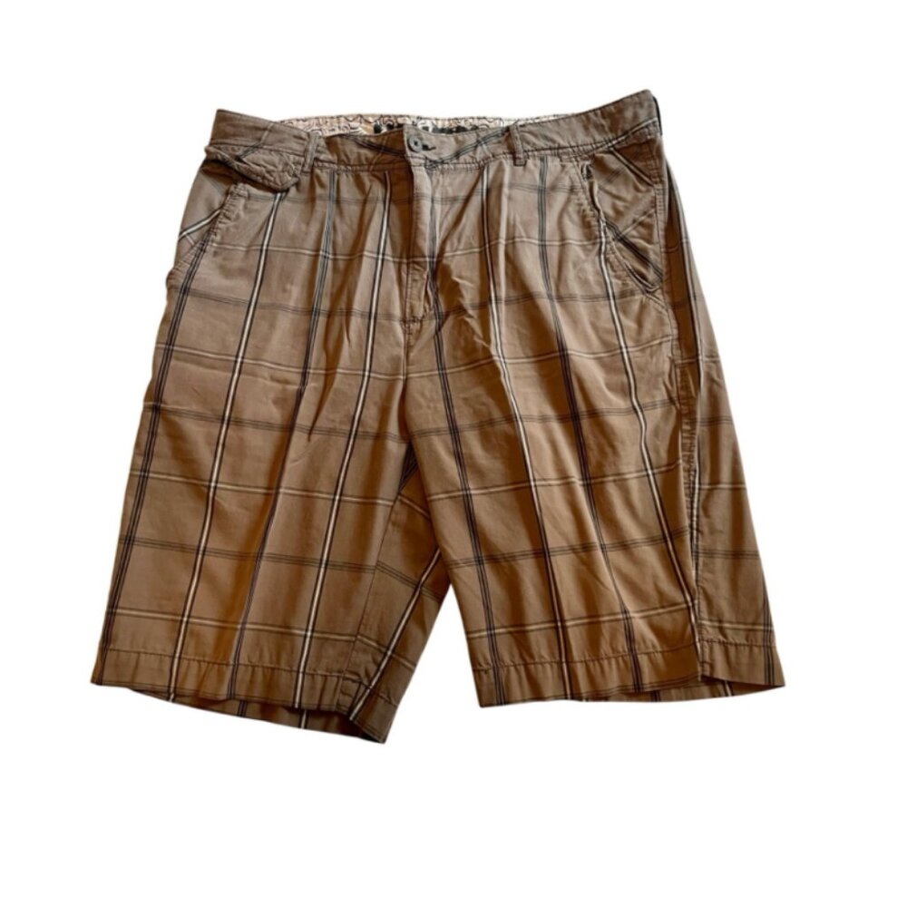 Unionbay Men’s Plaid Cargo Shorts Flat Front Brown Black White Cotton 36